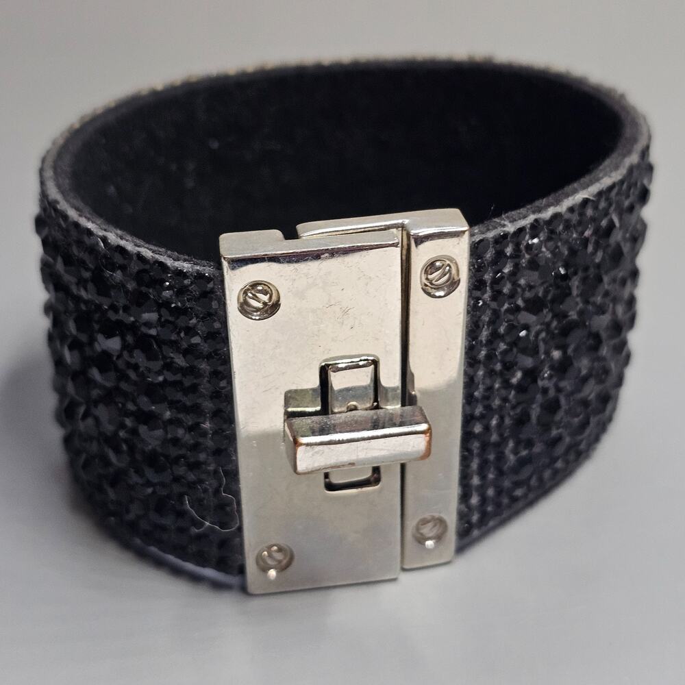 Black Crystal Wide Band Cuff Bracelet Toggle Lock